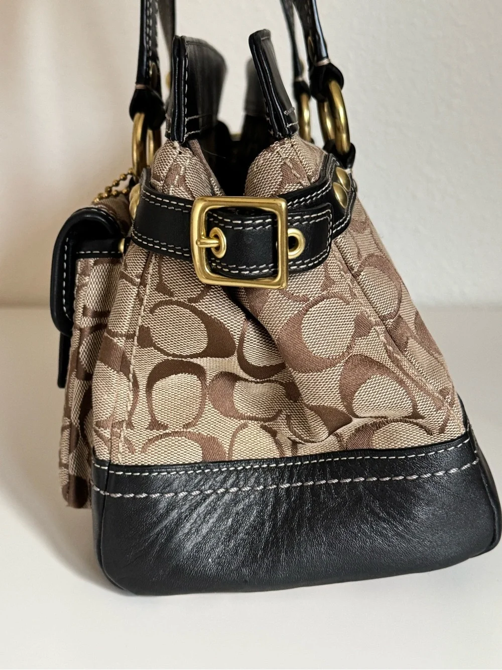 Coach Legacy Signature Double Turn Lock Tote F13131 Black Leather Jacquard